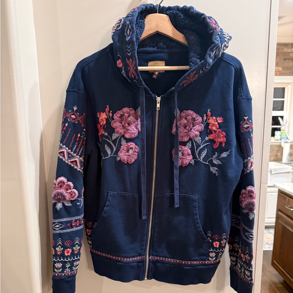 DRIFTWOOD Teddy XL Navy Floral Embroidered Zip Up Hoodie Pockets Boho